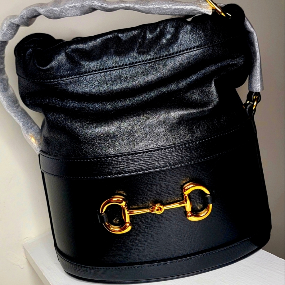 Gucci - Black Calfskin Horsebit 1955 drawstring bucket bag.